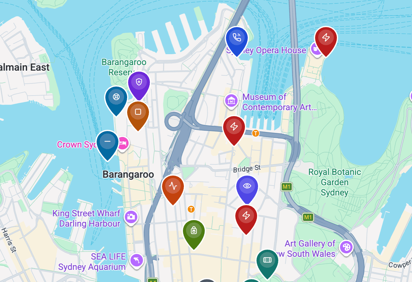 Guardian Civic map showing defibrillator, first aid and emergency equipment markers across a city.